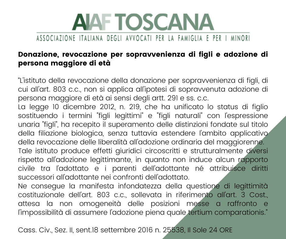Rassegna giurisprudenziale: Donazione, revocazione per sopravvenienza di figli e adozione di persona maggiore di età